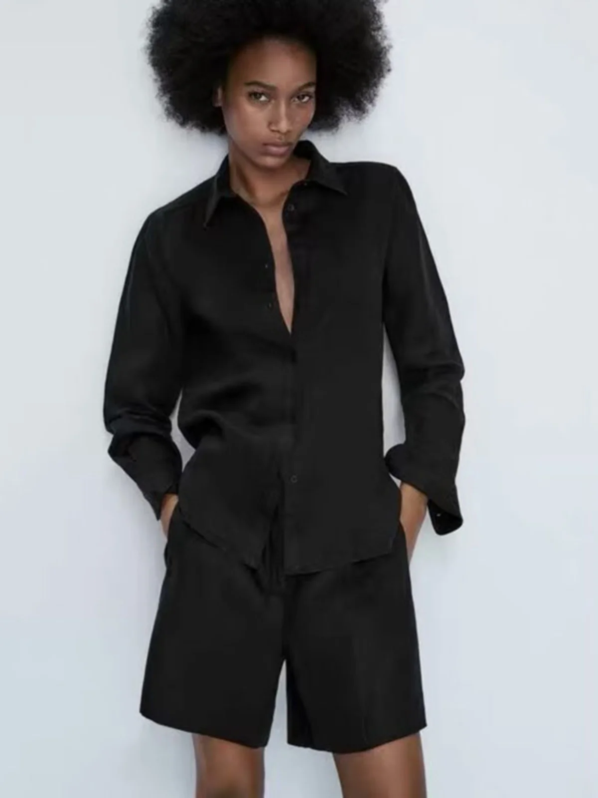 Loose Casual Pure Color Spring Summer New Arrival Women's irt MD Lazy Cotton Linen Long Sve  Collar Button Detail