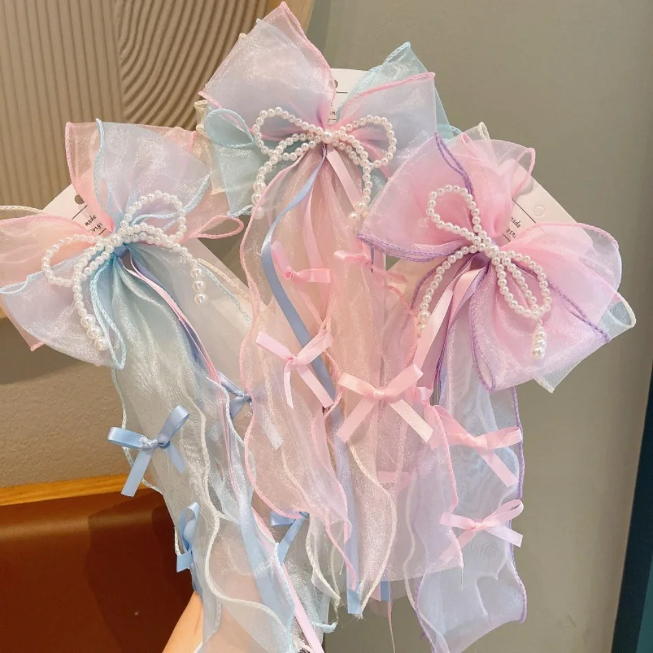 

Korean Style Kids Elegant Pearl Bow Children Streamer Big Back Pressure Simple Versatile Super Fairy Girl Ponytail Ribbon ZX07
