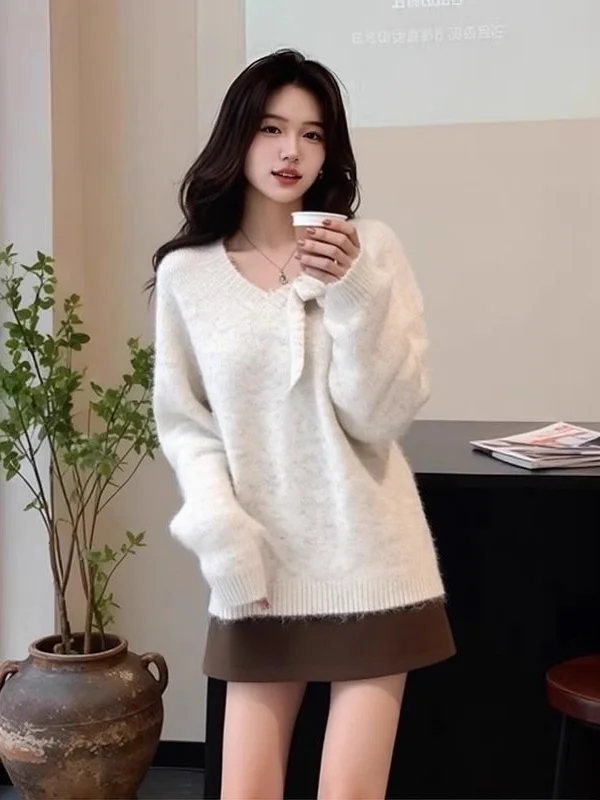 

Свободный крой V-Ne Long Sve вязаный свитер, женский осенне-зимний новый теплый топ Lazy Faion с поясом