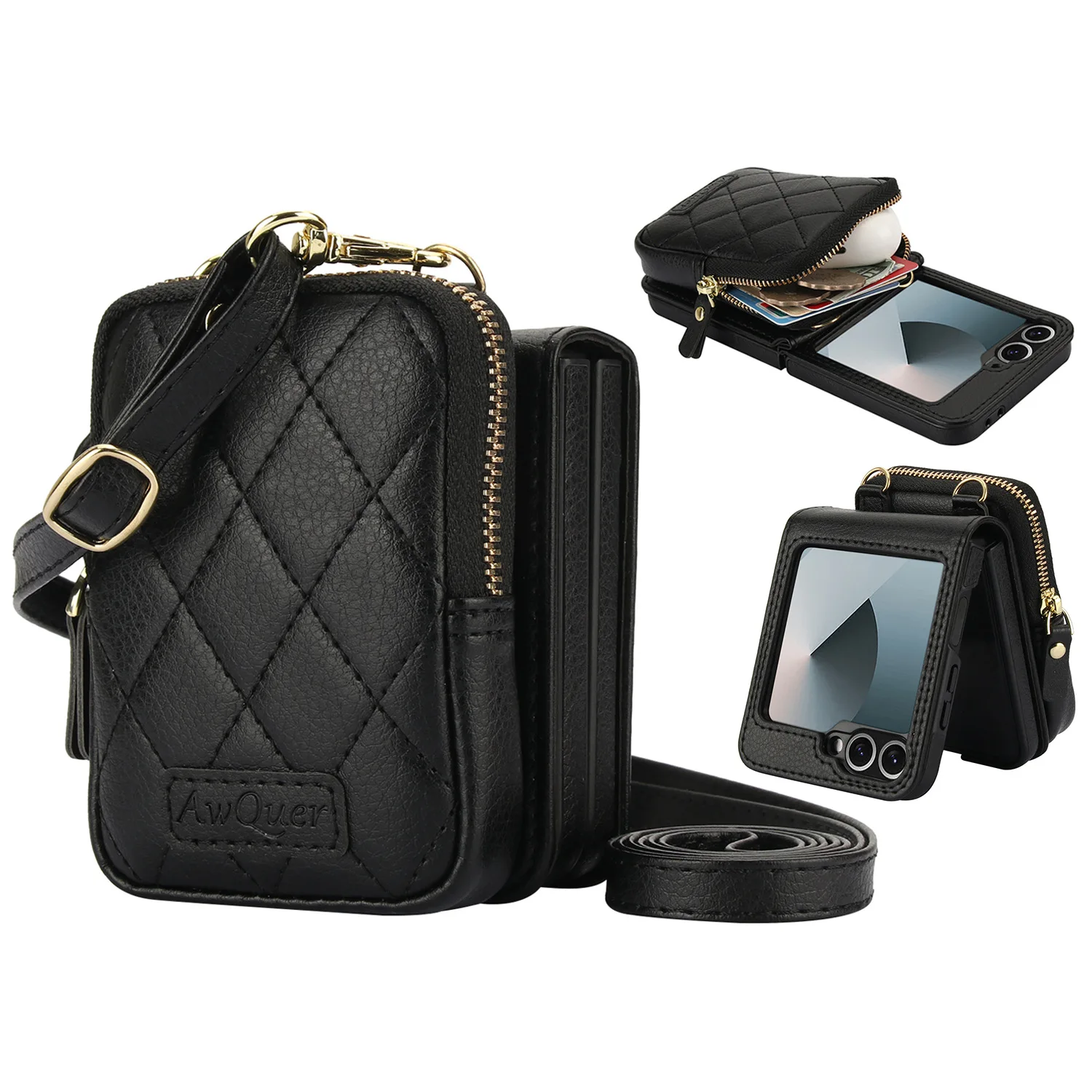 Luksusowe etui na Samsung Galaxy Z Flip 7 6 5 4 3, skórzane etui portfel z teksturą liczi, z długą smyczą, ochronne etui crossbody — zdjęcie produktu 6