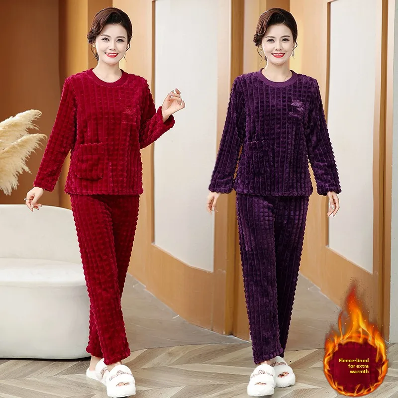 

Комплект пижам из кораллового флиса для женщин: теплая домашняя одежда, длинные брюки, удобный костюм для отдыха с круглым вырезом