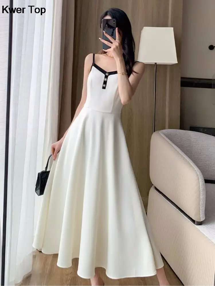 Elegant Solid Midi Dress 2 Piece Set Office Lady Chic Suit Spring Short Jacket Sleveless A-line Dresses Outfits Korean Clothes