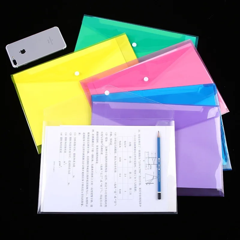 

20PCS A4 Transparent File Bag Factory Direct Sales Student Test Paper Storage Clip Office 209 Button Folder Snap Bag