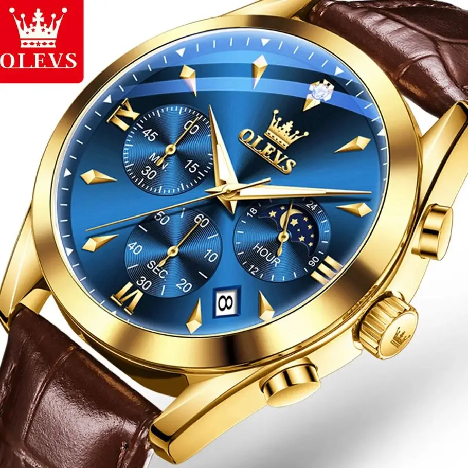 

OLEVS 3609, мужские часы, роскошные оригинальные деловые спортивные часы с поясом, кварцевые наручные часы с луной, водонепроницаемые часы с датой недели для мужчин, подарки