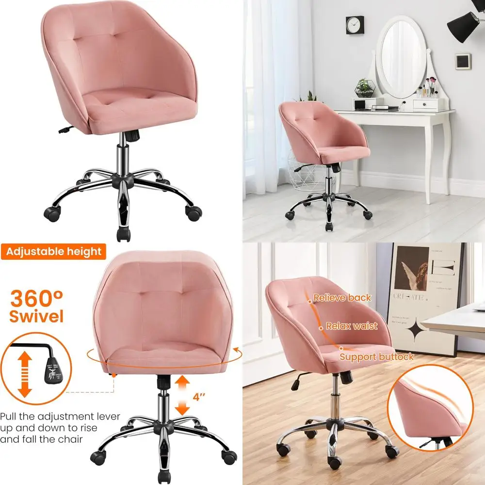 

Pink Small Vanity Chair with Back Wheels, Velvet Swivel Rolling Desk Computer Armchair for Bedroom Use