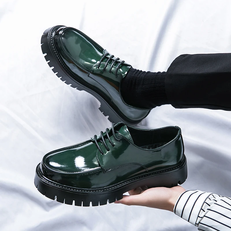 

New Black Thick Soled Shoes Platform Men Shoes Round Toe Solid Lace-up Green Mens Dress Shoes