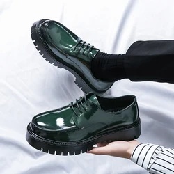 New Black Thick Soled Shoes Platform Men Shoes Round Toe Solid Lace-up Green Mens Dress Shoes