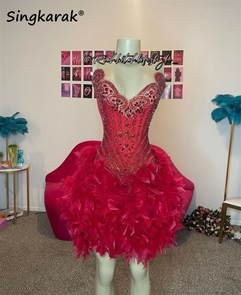 Vestido de graduación de diamantes rojos brillantes, cuentas de malla transparente, diamantes de imitación de cristal, plumas brillantes, fiesta de cumpleaños, bata de cóctel, Homecoming