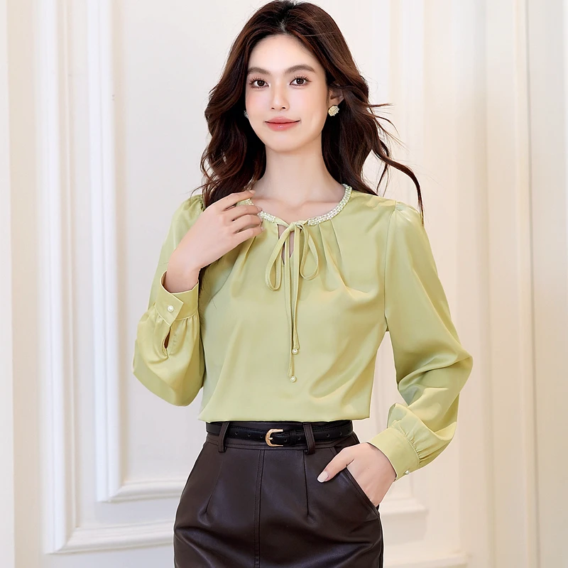 Camicetta da donna Camicia Nuova manica lunga O-Collo Elegante pizzo con perline Camicetta Camicia Donna Top Camicette Camicie Blusas Camisas Q1350