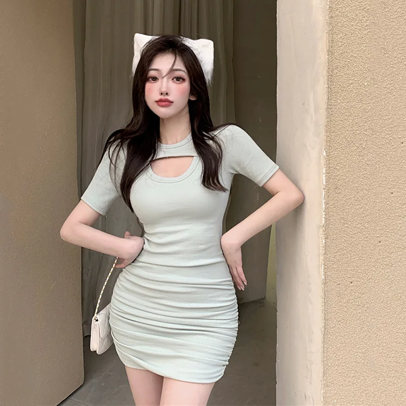 

Casual Skinny Dress 2022 New Women Fashion Sexy Stretch Slim Dress Lady Summer Solid Ruched Ribbed Dress