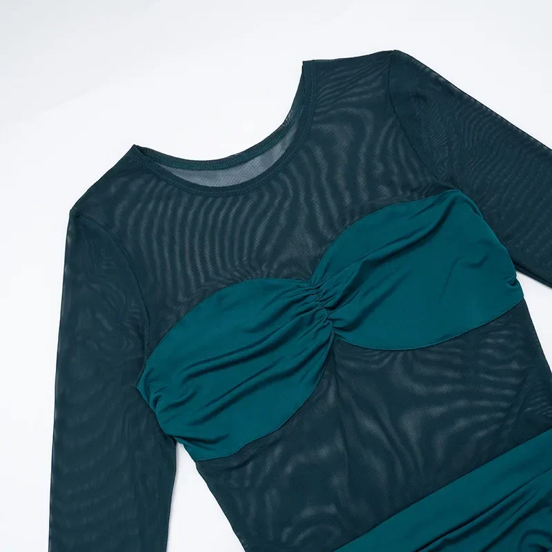 Mini robe moulante en maille transparente avec rubans latéraux, Patchwork, mode femme, Sexy, col rond, manches longues, froncé, Clubwear, automne 2025