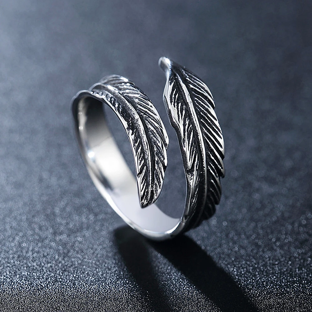 Retro Creative Open Feather Stainless Steel Ring Men and Women Jewelry Punk Viking Odin Crow Feather Ring Men's  Gift