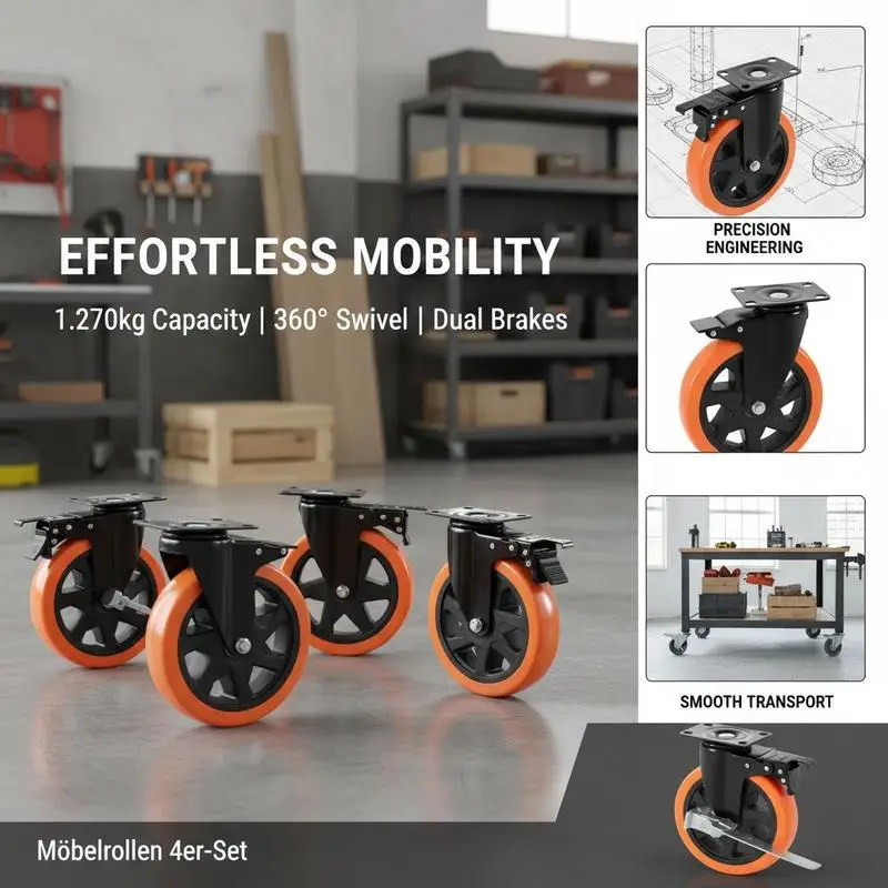 Swivel Trolley Rollers 6-inch For Cart Furniture Workbench, PVC Dual Locking Mechanism 2800lbs Total Load Capacity 4 Pack Hig