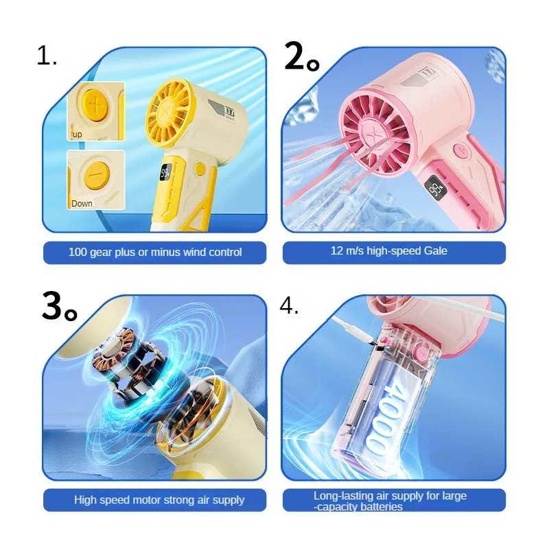 2024 Mecha High Speed Jet Fan 100 Speed High Wind Cooling Fan USB Rechargeable Mini Portable Silent Handheld Fan