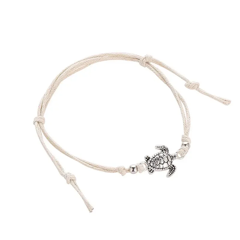 Vintage Black White Blue Thin Ropes Woven Chains Cute Vivid Sea Turtle Charm Boho Anklets For Women