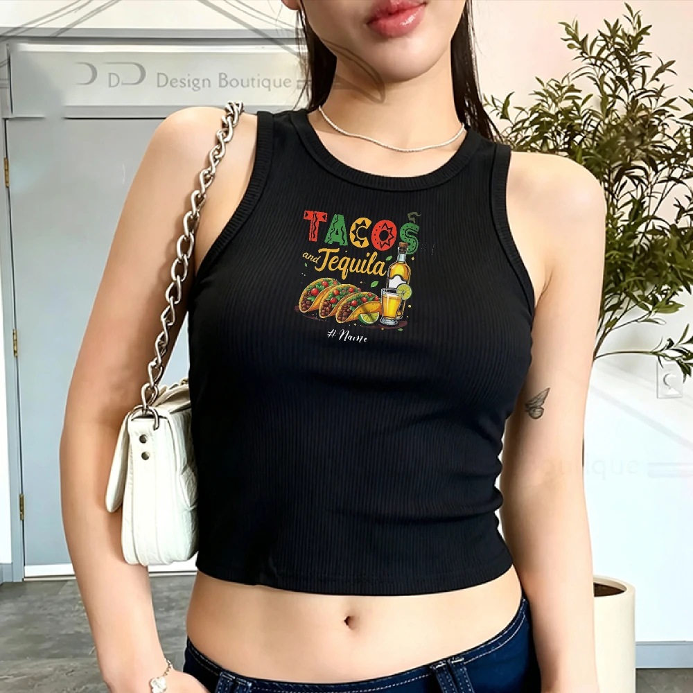 Custom Name Funny Tacos Tequila Humorous Cinco De Mayo Drinking Mexican Ribbed Crop Top Tank Fitted T-Shirt For Women Black