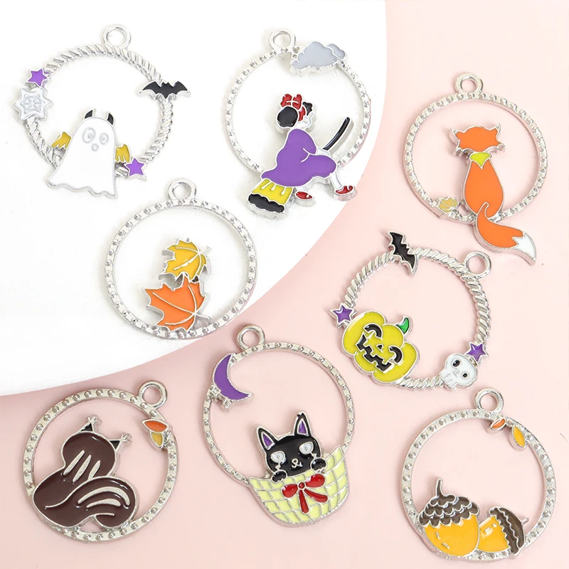 10pcs Halloween Theme Enamel Charms with Cute Black Cat, Witch, Ghost, Bat and Pumpkin Designs for DIY Fun Necklace & Earrings