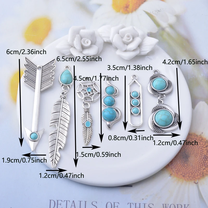 10pcs Antique Silver Color Alloy Imitation turquoise stone Long Earrings feather Dream catcher  Charms Jewelry sword Pendants