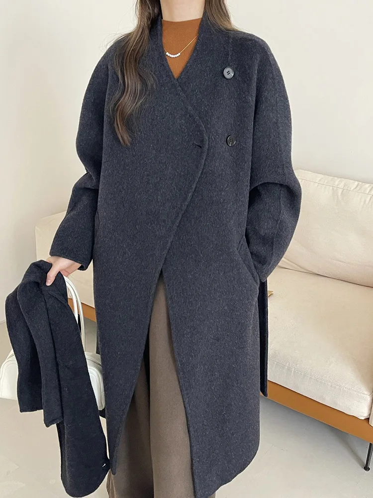 ZMEENNA スタイリッシュなレディースネクタイベルトウールブレンドラップコートロングスカーフ襟特大フィット暖かい冬のアウター ZM3657