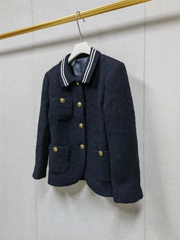 Women Tweed Jacket Stripes Contrast Color Long Sleeve Single Breasted Lady Preppy Style Fashion Coat