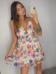 Sexy Sleeveless Floral Sequin Pink Evening Night Out Party Dress Deep V Neck Backless Short Night Club Out Summer Mini Dress