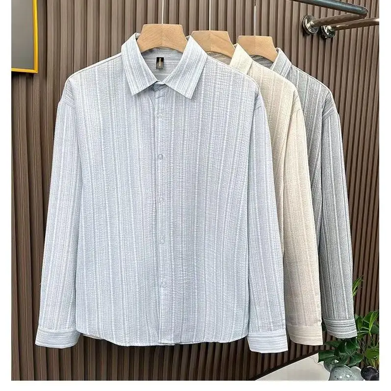 

Spring 2026 Men's Loose Fit Vintage Japanese Vertical Stripe Shirt Casual Style Long Sleeve Polyester Fiber Fashionable Top