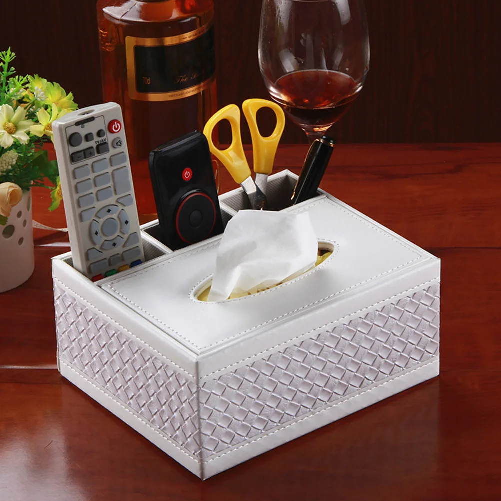 

Multifunction Tissue Box Desktop Organizer White Woven Pattern Stylish Office Home Pen Cup Holder Sundries Container