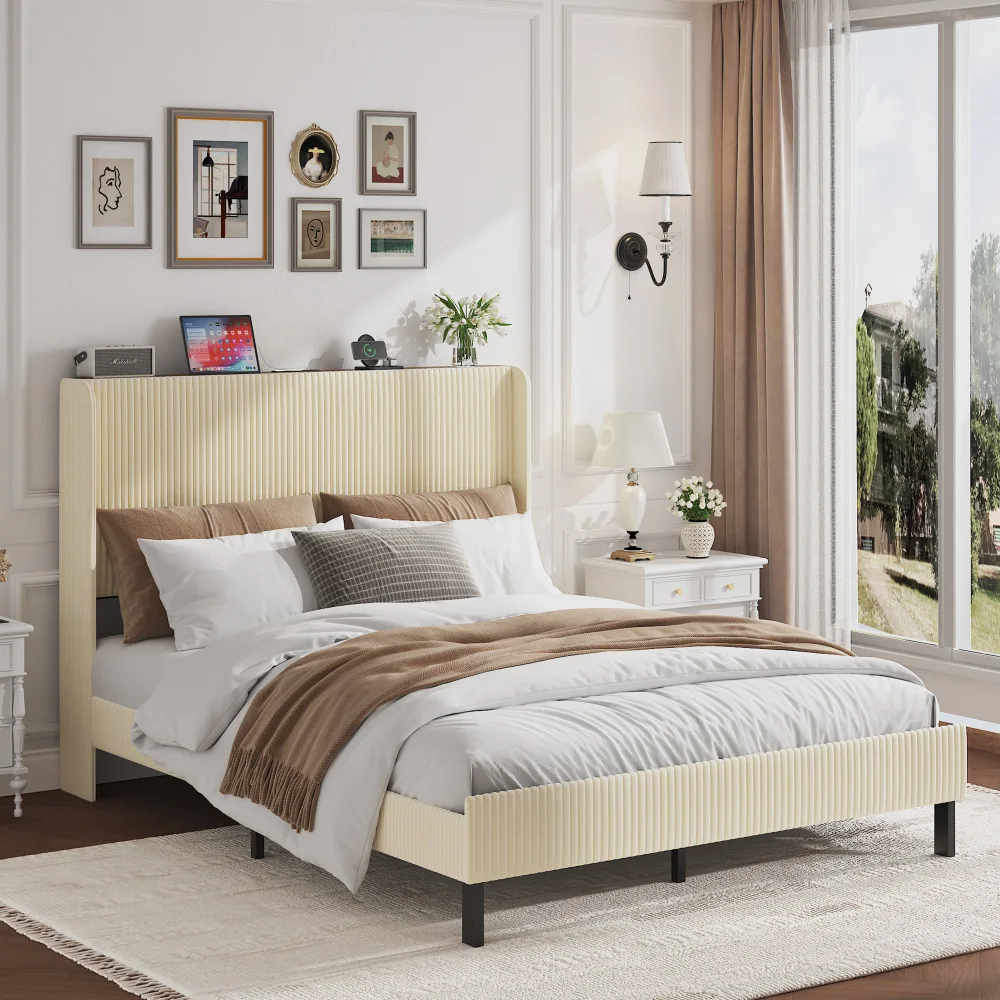 

Queen Size Platform Bed , Metal Bed Frame with Charging Station, No Box Spring Needed, (Beige), Noise Free,Easy Assemble.