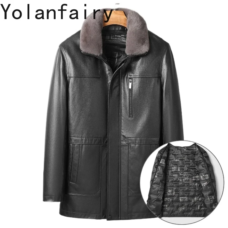 YOLANFAIRY Genuine Cow Leather Jacket Real Leather Down Jacket  Men's Mid-Length Fur Integrated Leather Fashion Jacket 2026 남성패딩