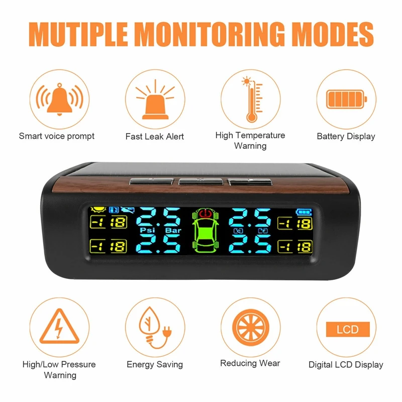 

Wireless Solar TPMS LCD Car Tire Pressure Monitoring System With 4X Internal Sensors Automatic Alarm System