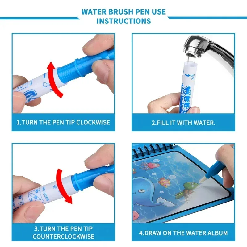 Libro magico da disegno ad acqua con penna - Giocattolo educativo riutilizzabile per bambini, regalo per libro da colorare con rivelazione dell'acqua