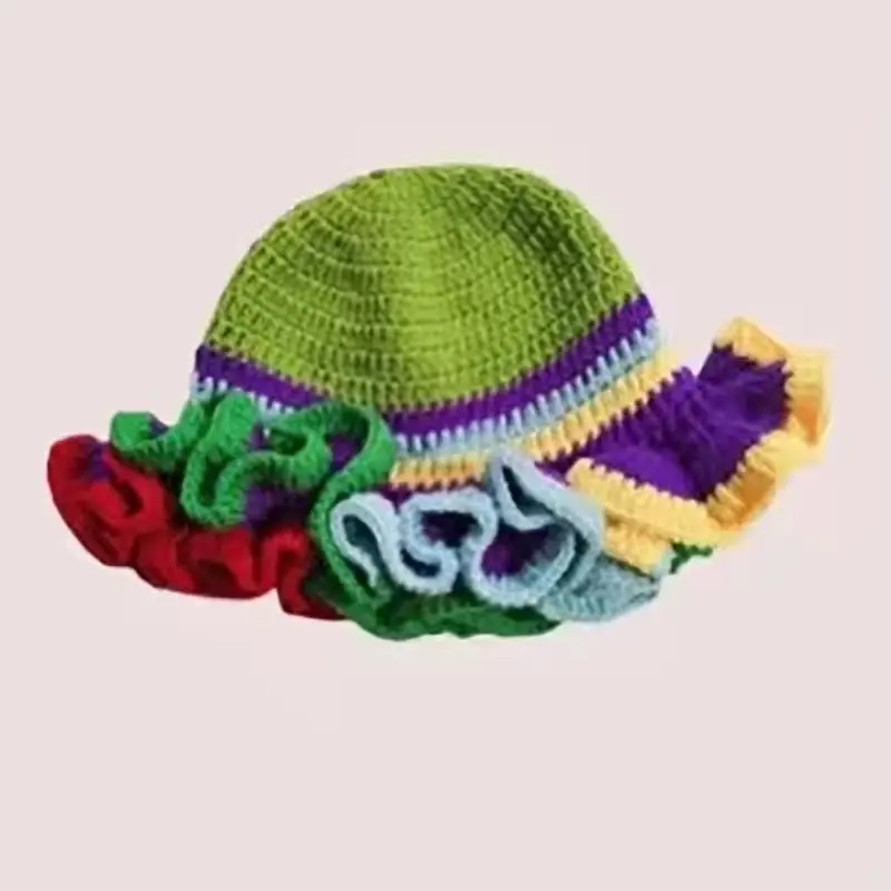 Chapéu balde de aba larga de cor sólida unissex brincalhão elegante chapéu de malha de crochê com acabamento babados detalhe franzido chapéu pull-on