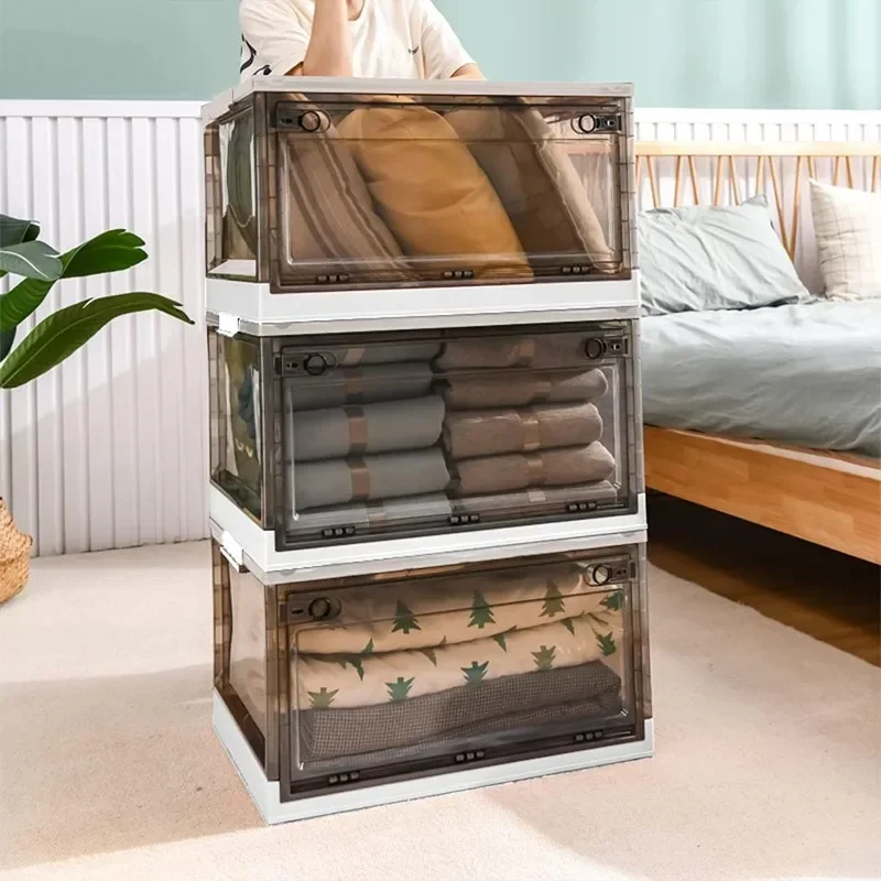 Stackable Storage Box Foldable Wardrobe Organizer Transparent Box Large Cube Plastic Container Handle Foldable and Stackable