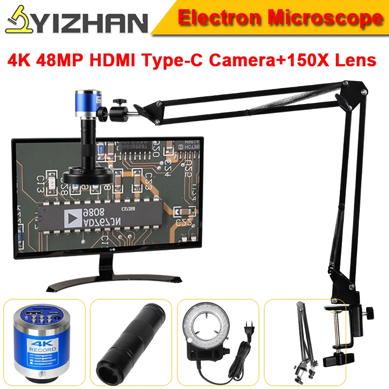 1080P 4K Full HD Industrial Microscope Set HDMI Type-C C-Mount Digital Camera 150X Zoom Lens Light For Soldering Phone Repair