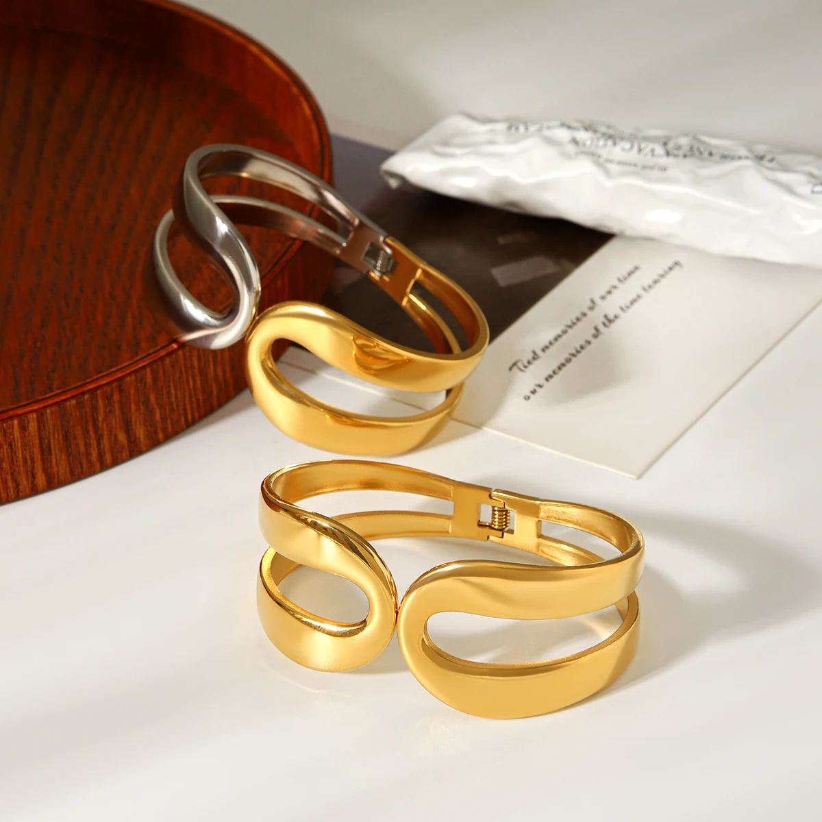 

Hollow Wide Cuff Bangle Bracelet Stainless Steel 18K Gold Plated Minimalist Women Jewelry Waterproof Bijoux Femme Joyas