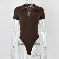 Merloly Sexy Solid V Neck Bodysuit for Women Bodycon Short Sleeve Bodies Woman Tops Autumn Winter Body Black White Brown