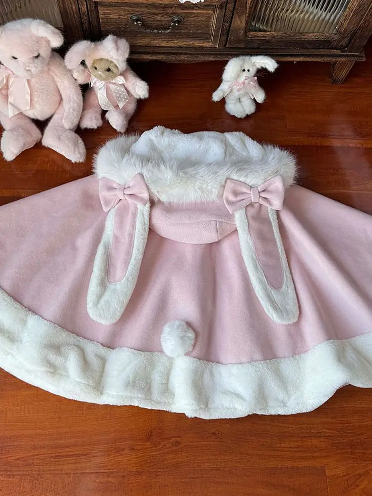 Autumn Warm Korean Popular Women's Cape Coat Japanese Lolita Sweet Bow Slimming Magical Girl Designer Chic Ponchos Woman Clothes