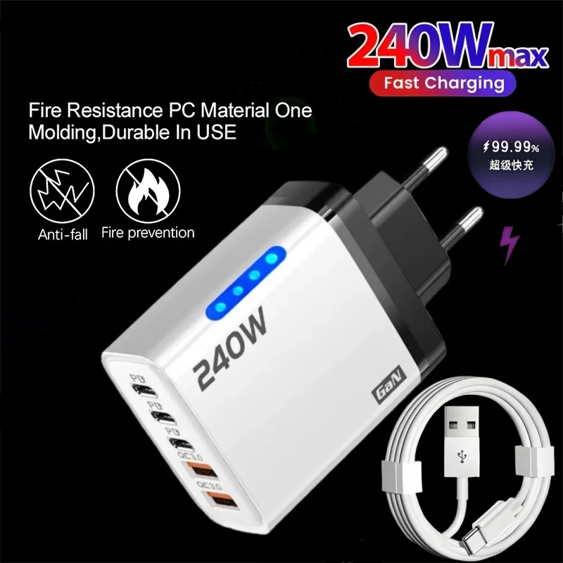 240W 5-in-1 GaN Desktop Charger with 10A USB-C Cable 3PD & 2 USB Ports Fast Charging for iPhone 17/16 Pro Samsung Laptop