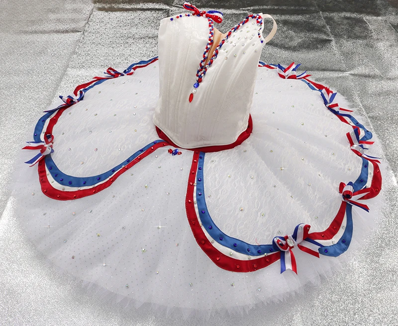 Girl The Flames of Paris ballet tutu competition professional costumes classical white blue red pancake tutu 11 layers JN0468