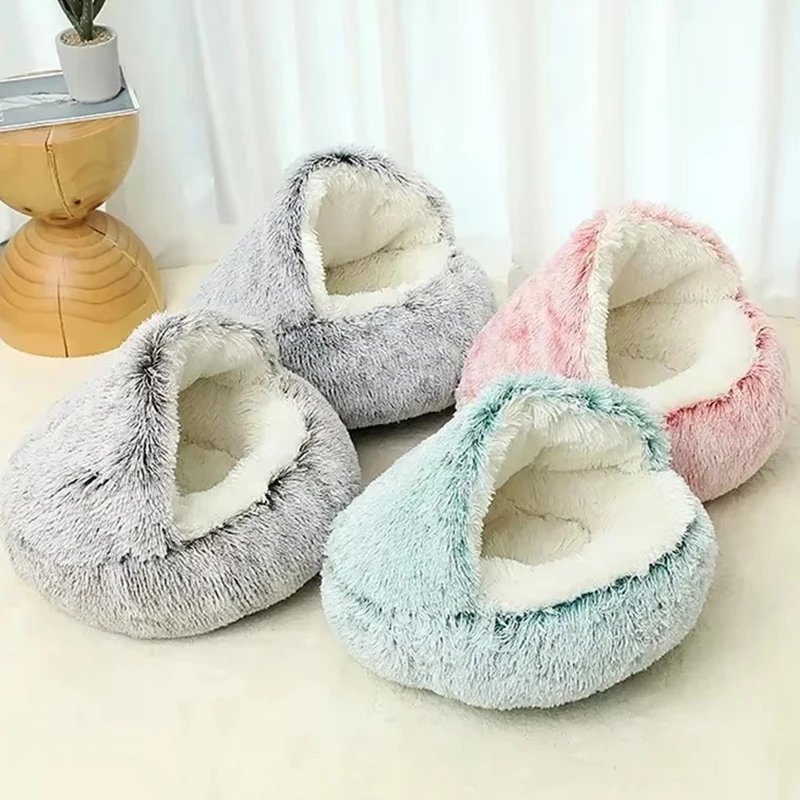 2 in 1 Winter Soft Plush Pet Bed with Cover Round Cat Bed Pet Mattress Warm Cat Dog Sleeping Nest Cave for Small Dogs Kitten