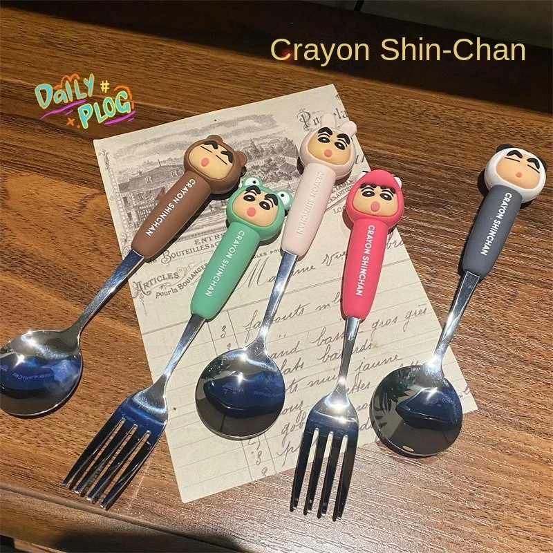 2PCS/set New Crayon Shin-chan Stainless Steel Spoon Fork Set Cute Cartoon Creative Student Spoon Fork Set Tableware Kitchenware