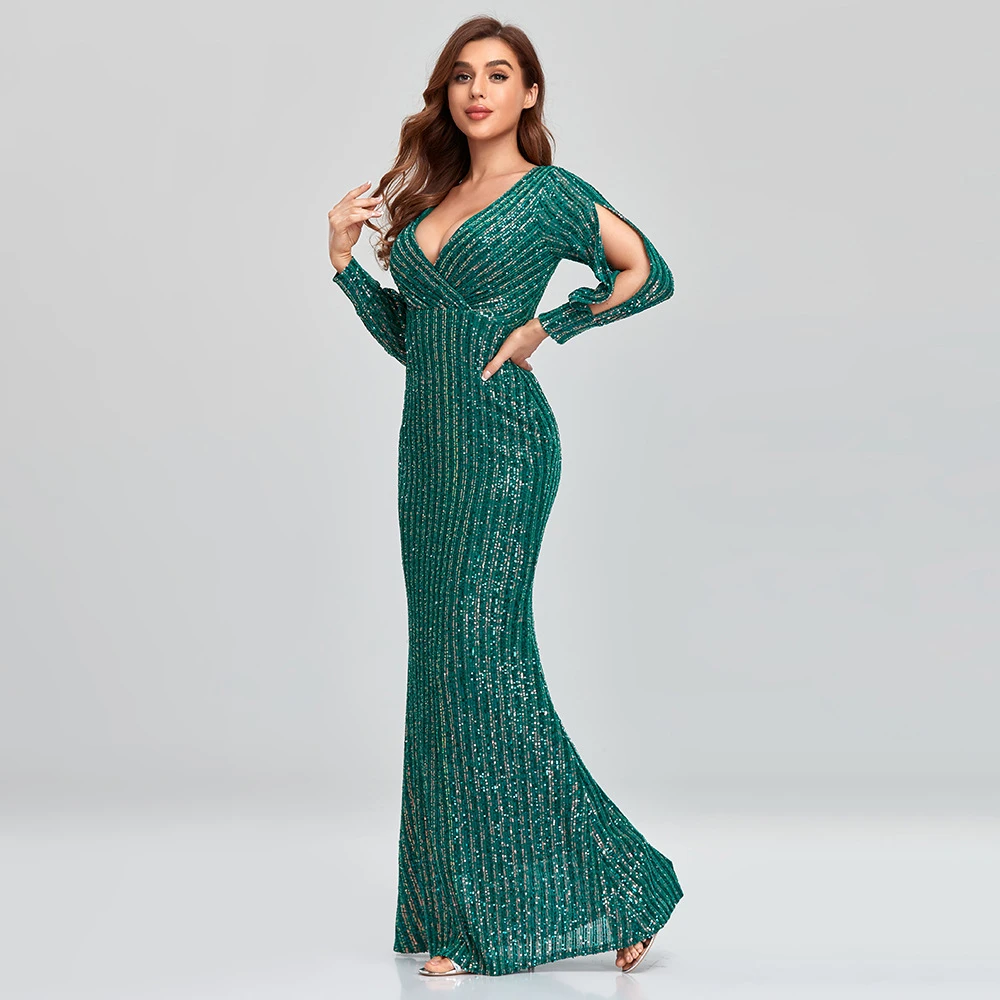 

Wholesale Long Sleeves Mermaid Evening Dress Stretchy Sequin V Neck Floor Length Charming Women Special Occasion Gowns In Stock