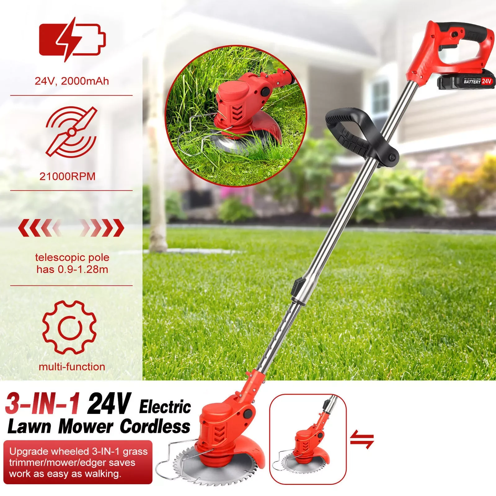 Electric Cordless Grass String Trimmer Lawn Edger Portable Weed Wacker Cutter Foldable Adjustable Garden Cutter with 2 Battery