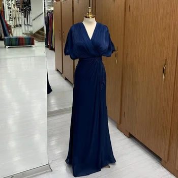 Robe Longue en Mousseline de Soie, Plissée, Froncée, Drapée, Droite, Col en V, sur Mesure, pour Occasions Formelles, à la Mode