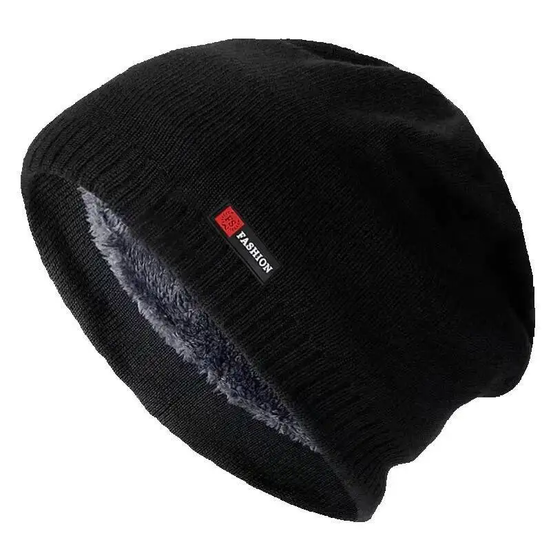 New Leather Label Woolen Men's Autumn Winter Plus Velvet Thickened Ear Protection Warm And Cold Outdoor Sports Knitted Hat