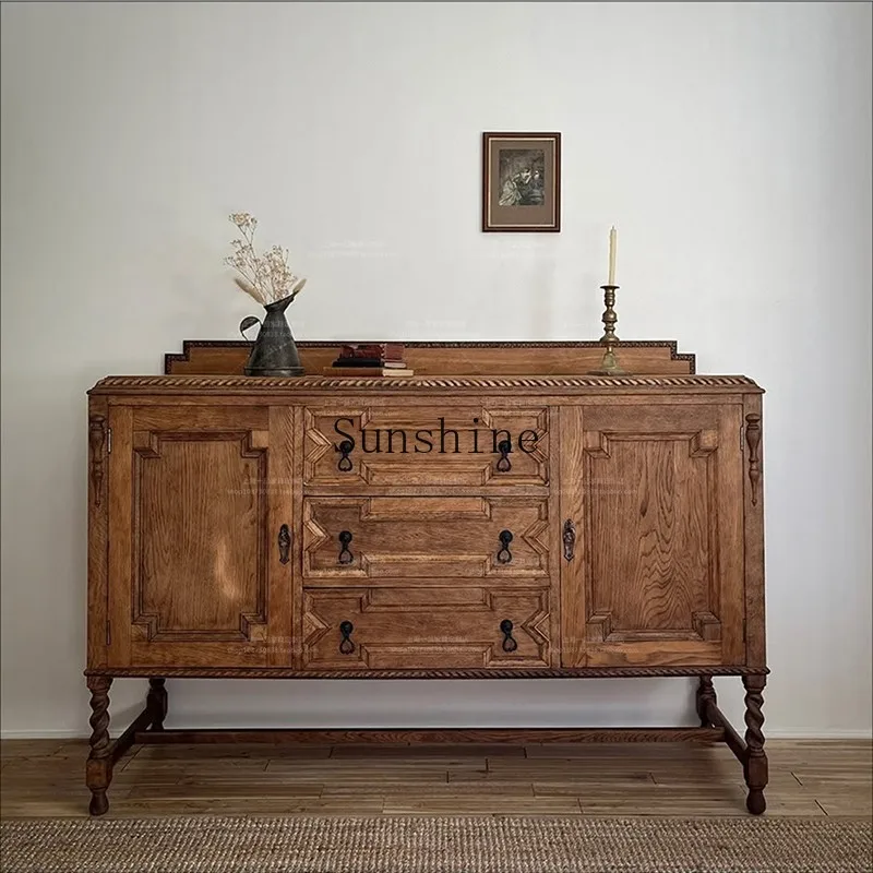 

French medieval solid wood carving hallway cabinet, living room decoration, dining side storage against the wall