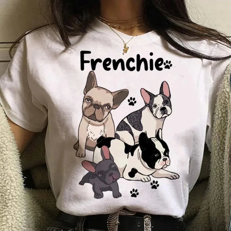 French Bulldog Printed T-shirt Cotton Summer Women\'s T-shirt Top Vintage Cartoon O-Neck Casual Fashion Women\'s Retro T-shirt