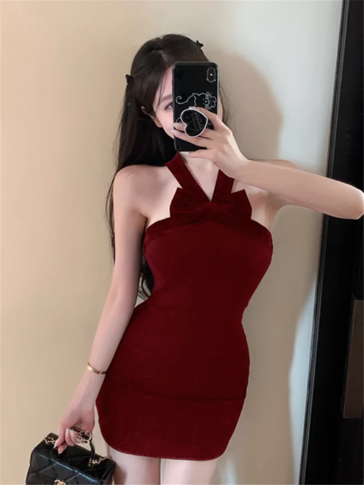 ホルターネック レディース ブラック レッド ビッグボウ ストレス ミニ ペンシルドレス サマーファッション ノースリーブ スモールガール ショート ボディコン タイト パーティードレス