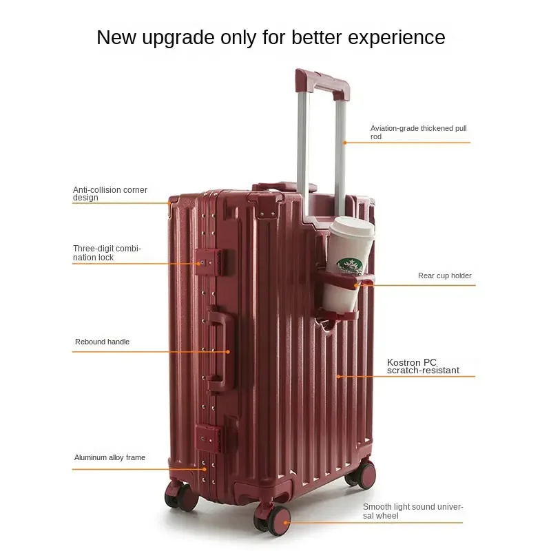 Red Wedding Suitcase with Cup Holder Wet & Dry Separation Aluminum Frame Trolley Case 20/22/24/26 Silent Universal Wheel Luggage