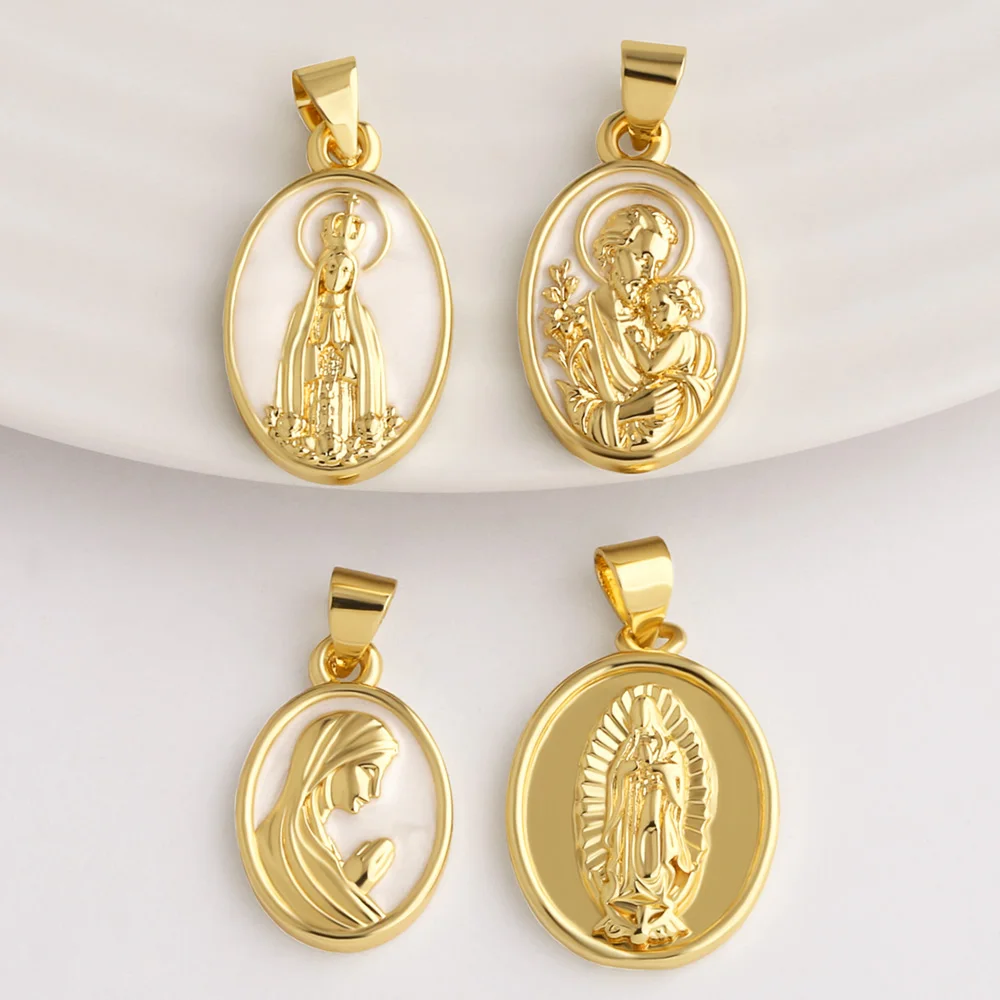 OCESRIO Gold Virgin Mary Pendant Enamel Catholic Saint Medal Charms for Necklace DIY Jewelry Making Crafts Handmade pdtb985